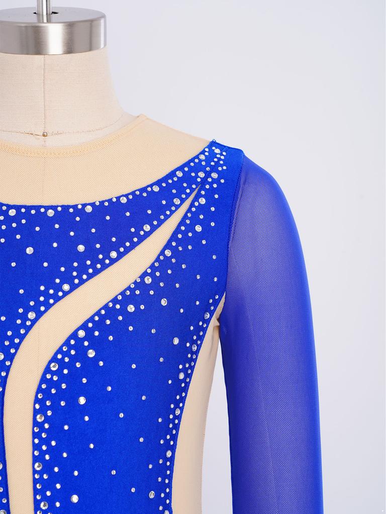 Tuta da Ginnastica per Bambine Maniche Lunghe Fori per le Dita Foro sulla Schiena Patchwork in Rete Strass Lucidi Color Block Body da Danza per Performance