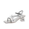 Sheepskin Version~ Beautiful Fairy Wind Bow Thick Heel Rhinestone Sandals Women's Summer Cross Word with Silver Sandals