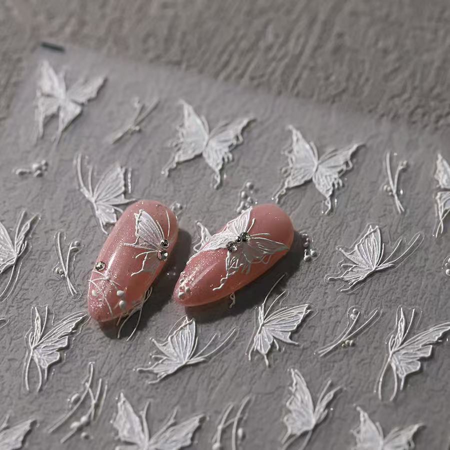 White Relief Butterfly Nail Art Sticker Three-dimensional Glue-back High-end Fairy Gas Liquid Butterfly Nail Sticker Decoration