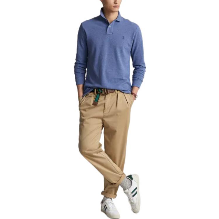 Polo Ralph Lauren FW22 Solid Color Logo Embroidered Mesh Long Sleeve Polo Shirt Men Tops Blue MNPOKNI16822282-420