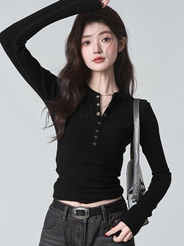 Autumn/Winter Pure Desire Style Spicy Girl Cropped Cotton Long Sleeve T-shirt for Women – Slimming, Flattering, Versatile Top