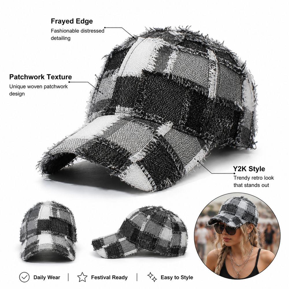 Frayed Edge Plaid Baseball Cap Adjustable Fit Sun Shading Cap Casual Baseball Hat  Daily Wear