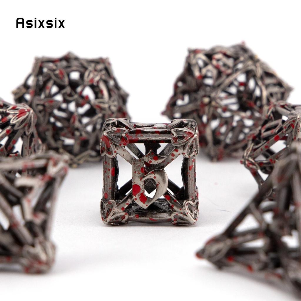 7-teiliges Würfelset aus Metall mit silbernen roten Blättern und Blumen, hohles polyedrisches Metallwürfelset, geeignet für Rollenspiele, RPG-Brettspiele, Kartenspiele