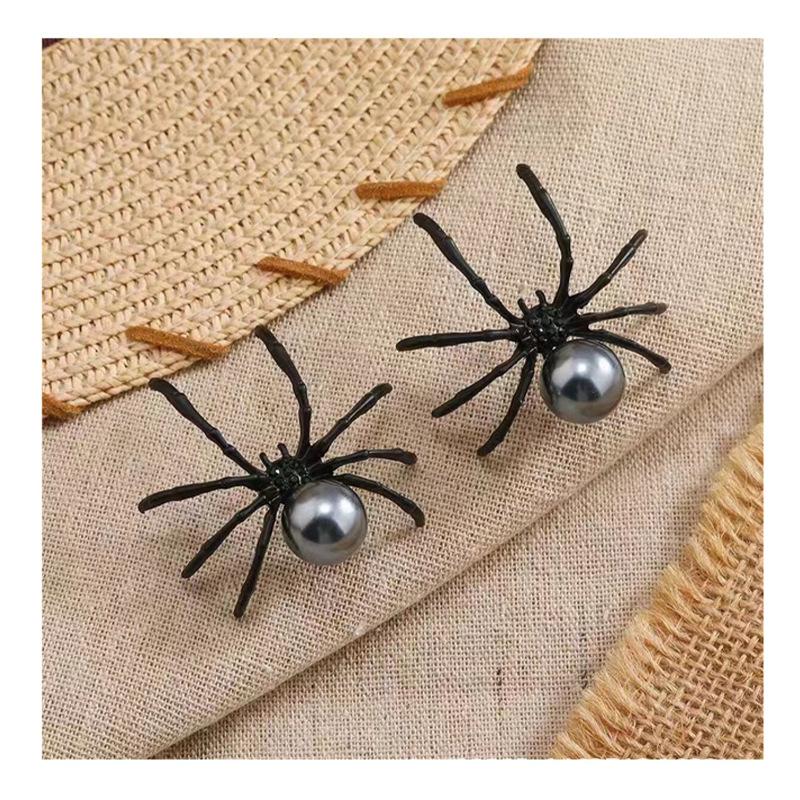 New Fashion Black Spider Pearl Earring Trendy Personality Dark Style Halloween Ear Nail for Women Alloy Geometric Ear Accessory