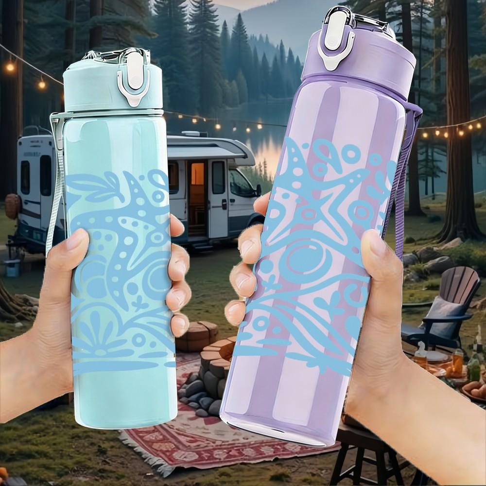 1PC Blue Ethnic Wave Pattern 750ml Color Plastic Sports Water Bottle Leakproof Flip Straw Lid Suitable for Sports Office Home Use