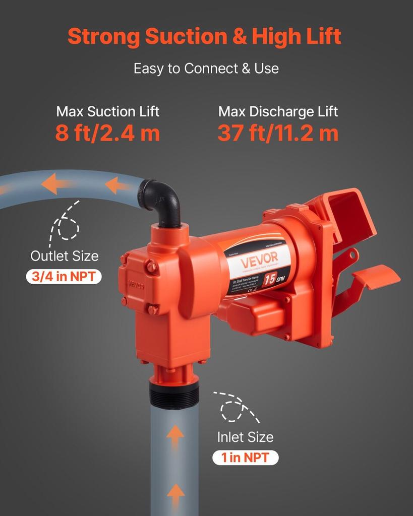 Fuel Transfer Pump 230V, 15 GPM 57 L/min, AC Electric Oil Transfer Pump, 8 ft/2.4 m Max Suction Lift, 37 ft/11.28 m Max Lift, Overheat Protection, for