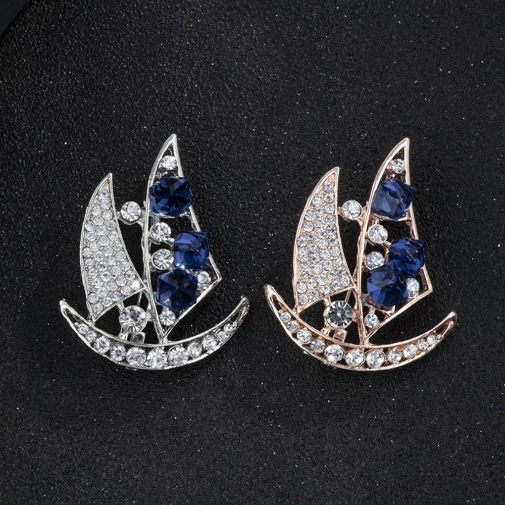 Zinc Zinc Alloy Suit Collar Pin Boat Badge Men Brooch Delicate Rhinestone Sailboat Brooch  Ceremony Banquet