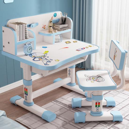 Kids Functional Desk and Chair Set Height Adjustable Children School Study Table Chair Set with Cartoon Pattern Ergonomic Desk Chair (Pink, Blue)
