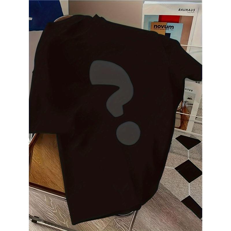 European sizes '  Black Question Mark Print - Short Sleeve Round Neck Casual Summer Top for &, Breathable White Shirt with Iconic Q Mark Symbol,