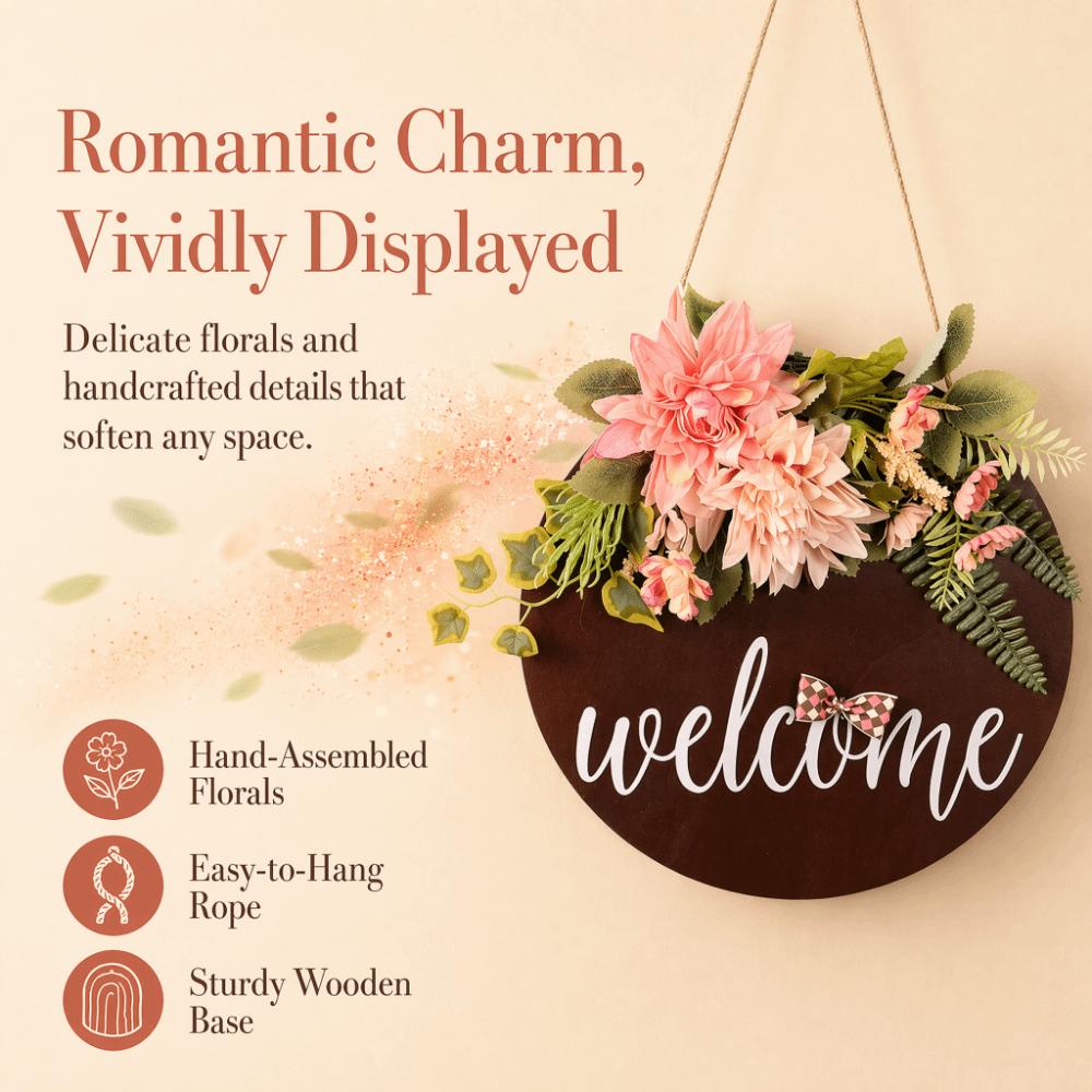 Pink Flower Arrangement Welcome Sign with Flowers Front Door Welcome Sign Porch Hanging Decor
