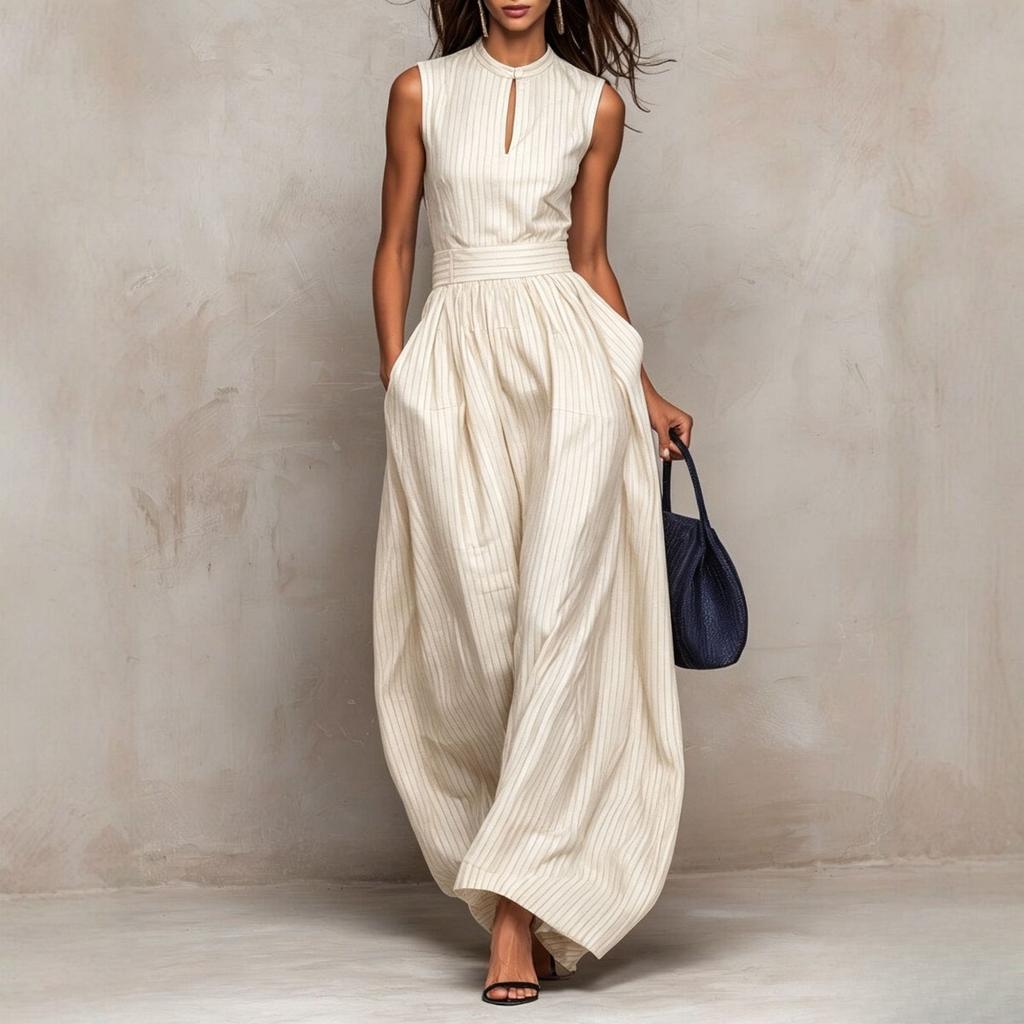 European and American style 2026 new dark blue striped sleeveless waist wide-leg jumpsuit women's long temperament fashionable cross-border women