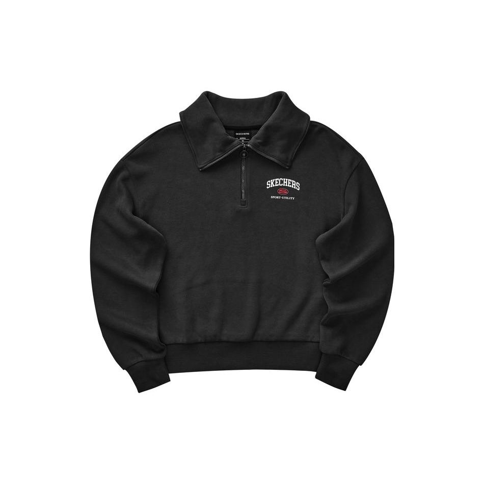 Skechers Colorful Casual Series Letter Print Polo Neck Pullover Knit Half-Zip Sweatshirt Women sweatshirt Carbon-Black L423W007-0018 S