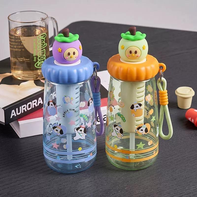 Water bottle cute apple doll plastic cup summer high value straw cup girls make tea leak-proof portable accompanying water cup