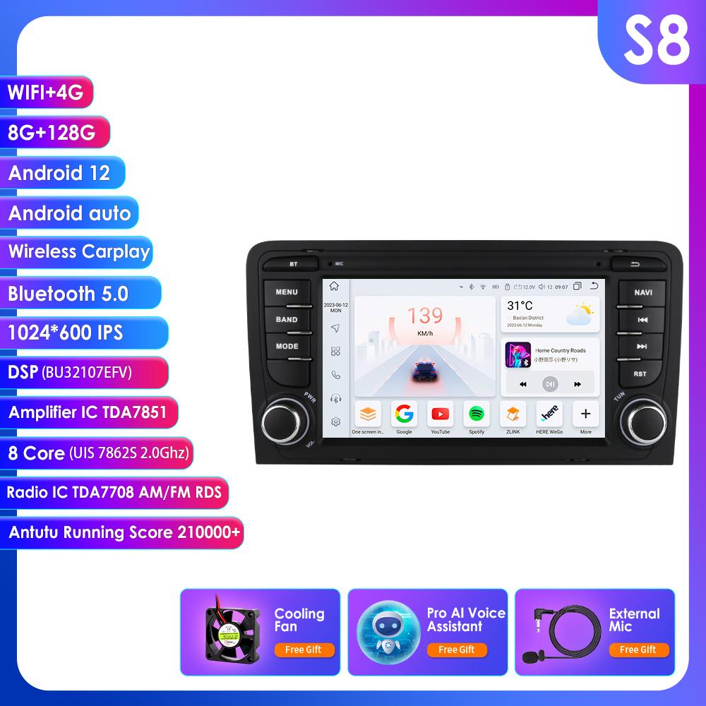 OSSURET 8Core DSP Car Multimedia Player for RS3 Sportback A3 8P S3 2003-2013 Carplay 4G Autoradio RDS GPS BT 4G-LTE WiFi AI  Intelligent Navigation