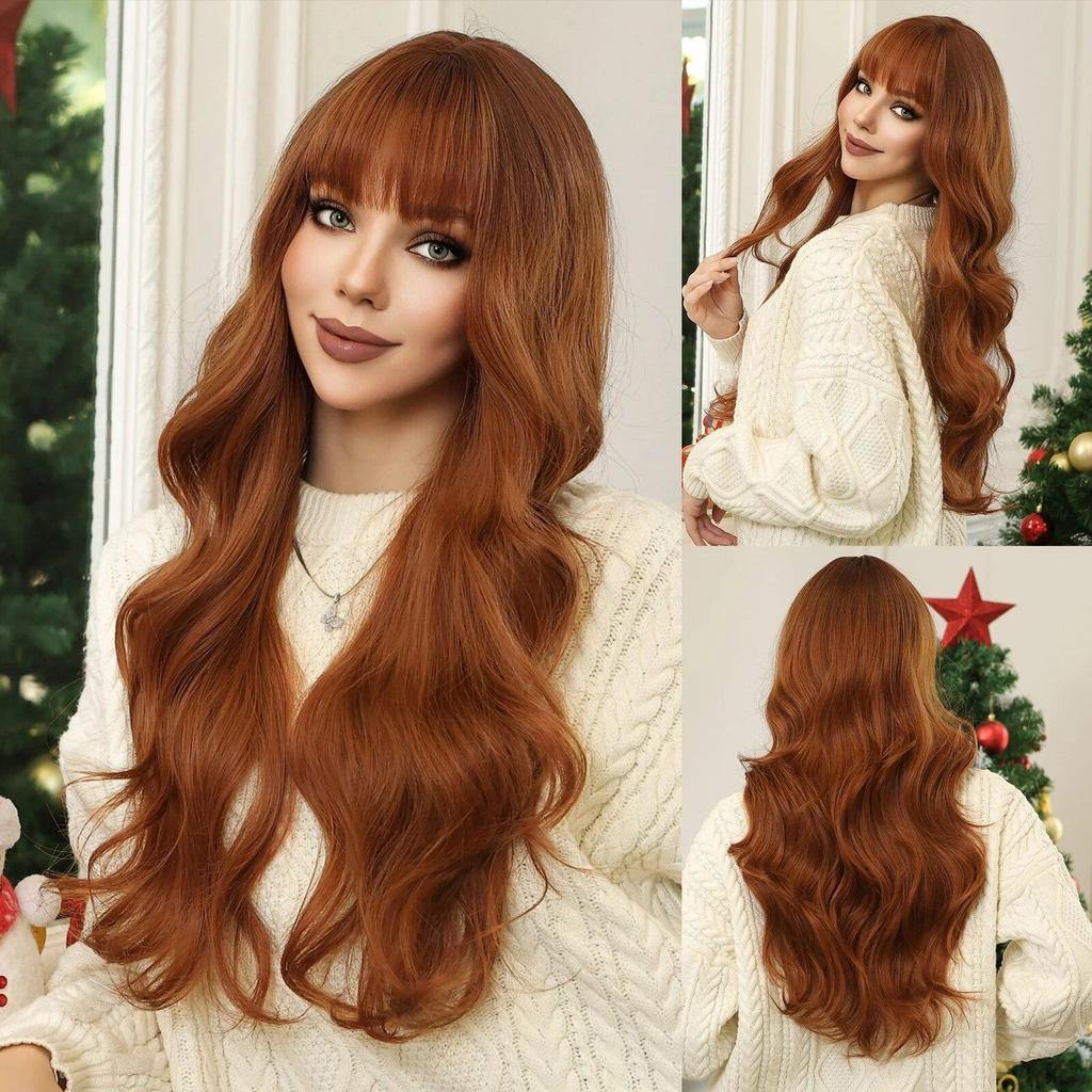 LOUIS FEREE Long Wavy Wig With Bangs Red Brown Ginger Copper Synthetic Wigs for Women Natural Wave Curly Wigs Heat Resistant Hair for Daily
