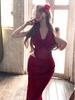 Maxi Abito da Donna Rosso Floreale con Schiena Scoperta e Scollo all'Americana – Elegante per l'Estate, Formale, Vestibilità aderente, che abbraccia i fianchi