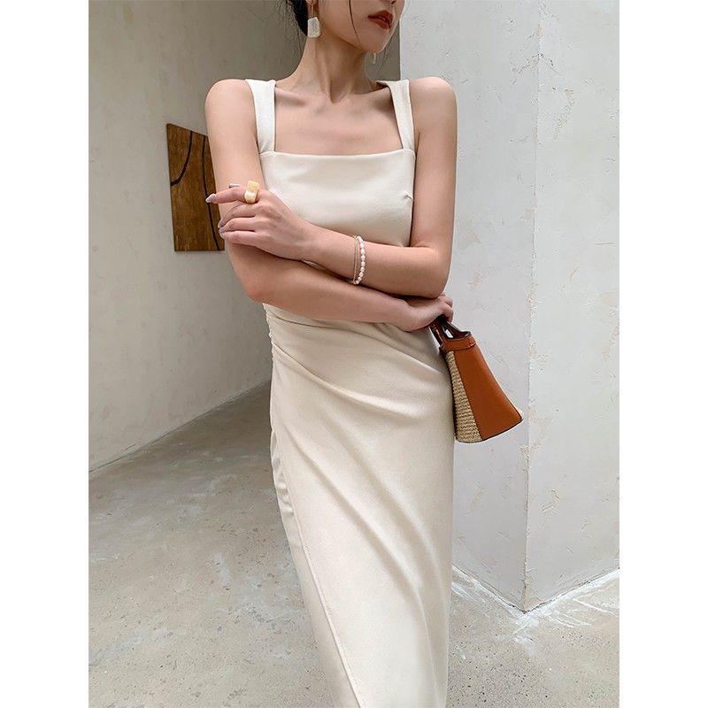French Temperament Socialite Royal Sister High-end Satin Long Dress Slim-fitting Hip-wrapped Square Neck Suspender Dress Summer New
