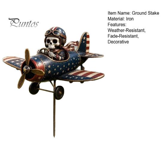 Gift for Gardening Enthusiasts Metal Skeleton Pilot Airplane Wind Spinner with Ground Stake, Vintage American Flag Garden Style Accessory Yard Rustic