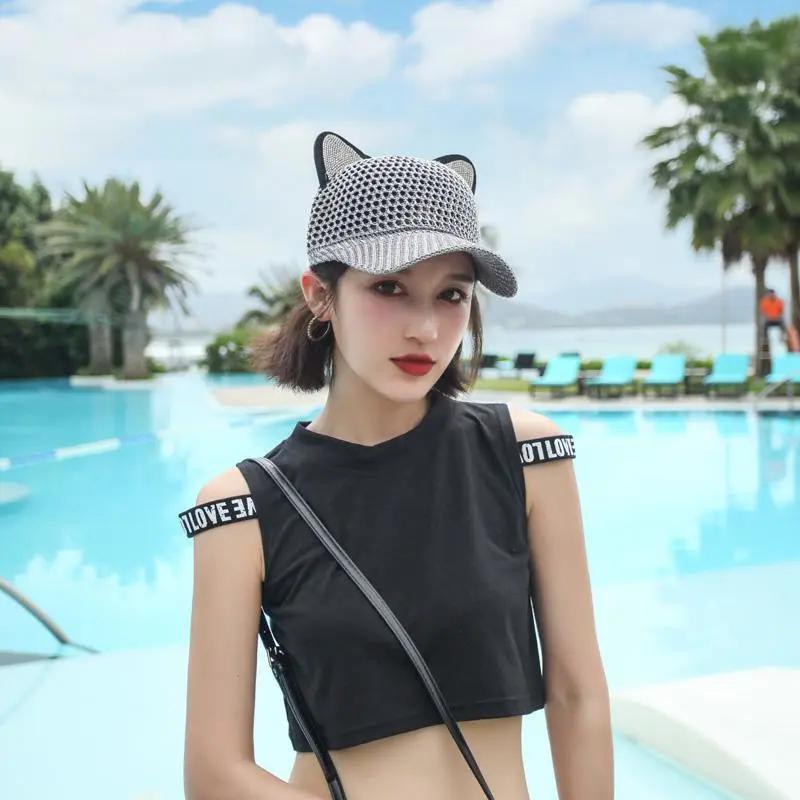 WTEMPO Women's Breathable Hollow-out Spring Summer Hats Cat Ears Shaped Cute Casual Elegant Versatile Wide Brim Travel Beach Hats