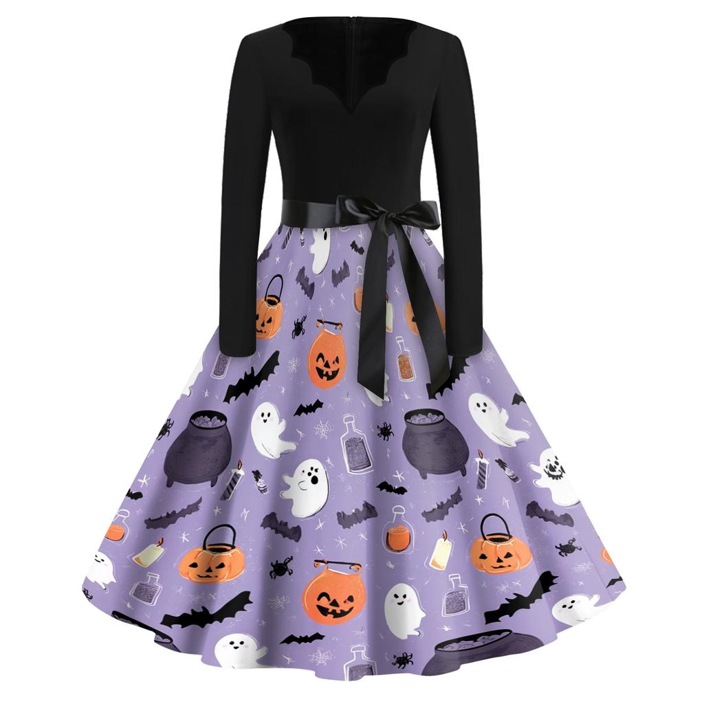 Women's Casual Vintage V Neck Dress with Long Sleeves Halloween Print Full Skirt Midi Dress with Waist Tie for Everyday Wear