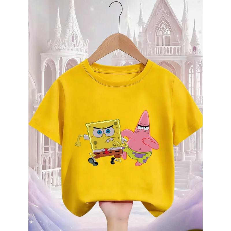 Street SpongeBob SquarePants Casual T Shirt 3-14Y Boys Girls Summer Cute Kawaii Fashion Hot Cartoon Crew Neck Kids