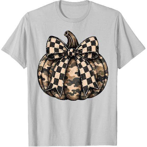 Camo Pumpkin with Checkered Bow Cute Fall Halloween Season T-Shirt