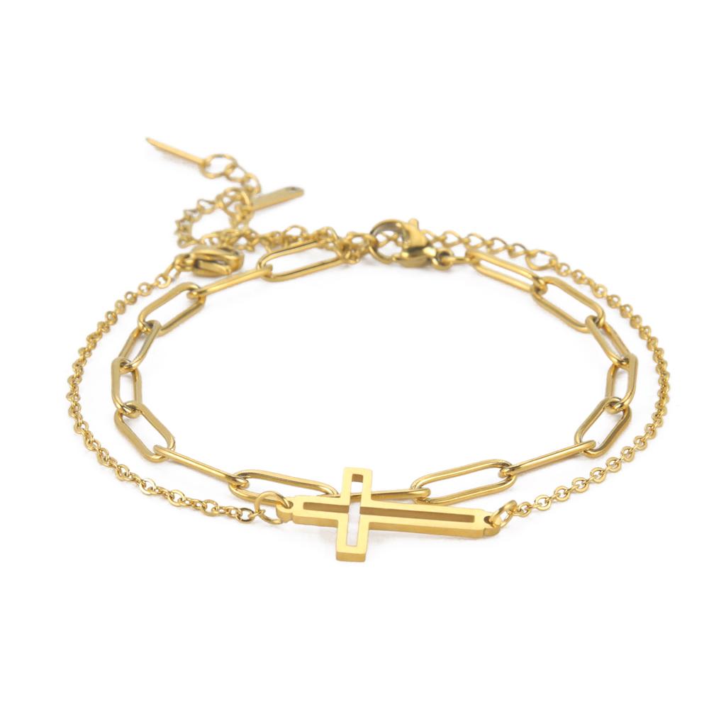 Double Layer Cross Pendant Bracelet For Stacking With Hollow Two-Hole Cross Chain Welded Necklace Jewelry