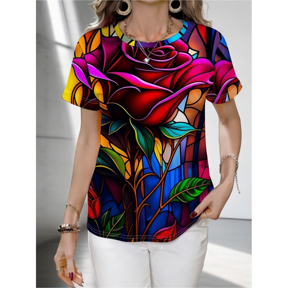 Summer Colorful Creative 3D Pattern T-shirt Fashionable Comfortable Oversized Breathable Leisure Versatile Women's Round Neck Short Sleeved T-shirt