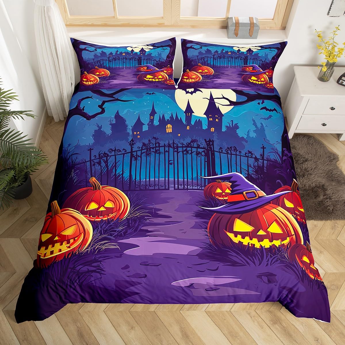 

Halloween Bedding Set Full, Pumpkin Lantern Duvet Cover Castle Bat Pattern Comforter Cover, Cartoon Horror Festival Quilt Cover EU Single(135x200cm)