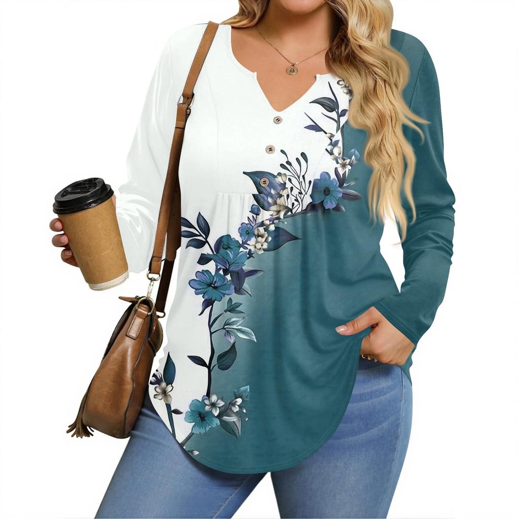 Womens Plus Size Long Sleeve Shirts  V Neck Tunic Tops Basic Loose Fit Tee Tops