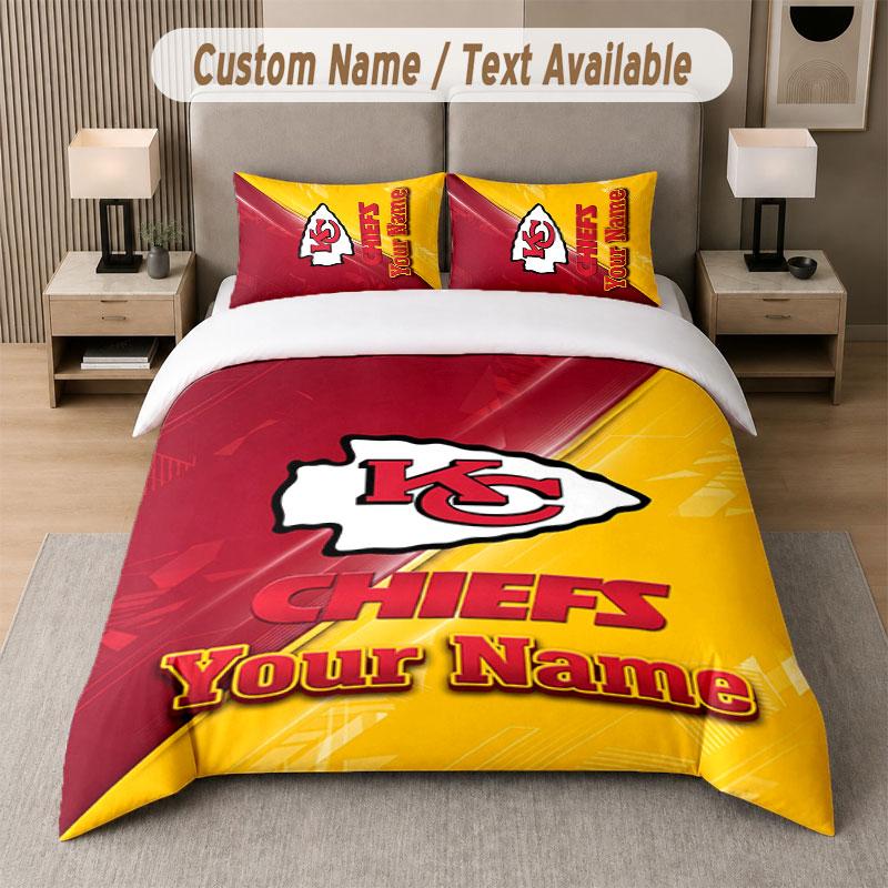 Custom Bedding Set Kansas City Chiefs Pattern, Print Name Text 1 Duvet Cover Plus 2 Pillowcases Home Textile