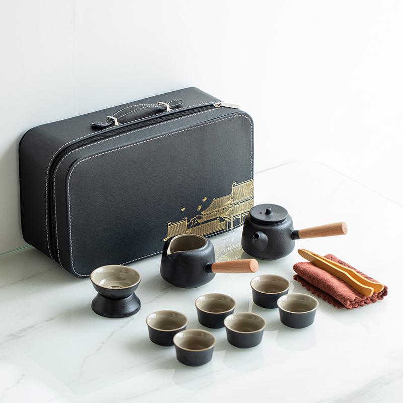 Japanese travel kung fu tea set small set household simple teapot ceramic teacup outdoor tea tray portable bag