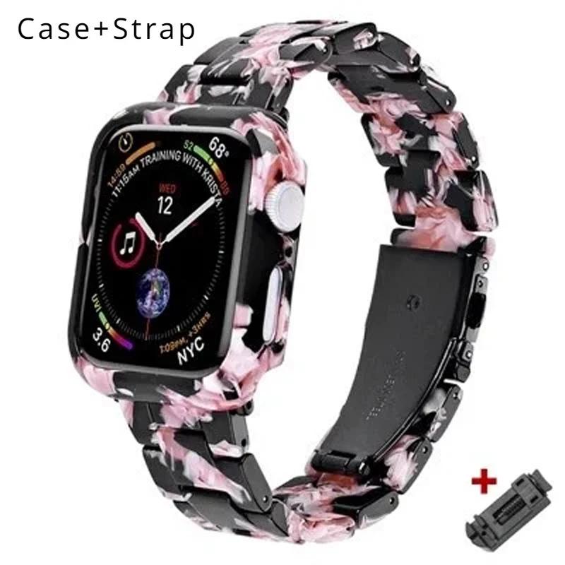 Etui+Pasek z Żywicy do Apple Watch Series 9 41mm 45mm Pasek 38 40mm Pokrowiec Damska Bransoletka do iWatch 8 7 6 SE 5 4 42 mm 44mm Correa