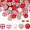 50pcs Red And White Striped Round Wooden Loose Beads, 16mm Polished Spacer Beads With Hemp Rope For Valentine's Day, Holiday