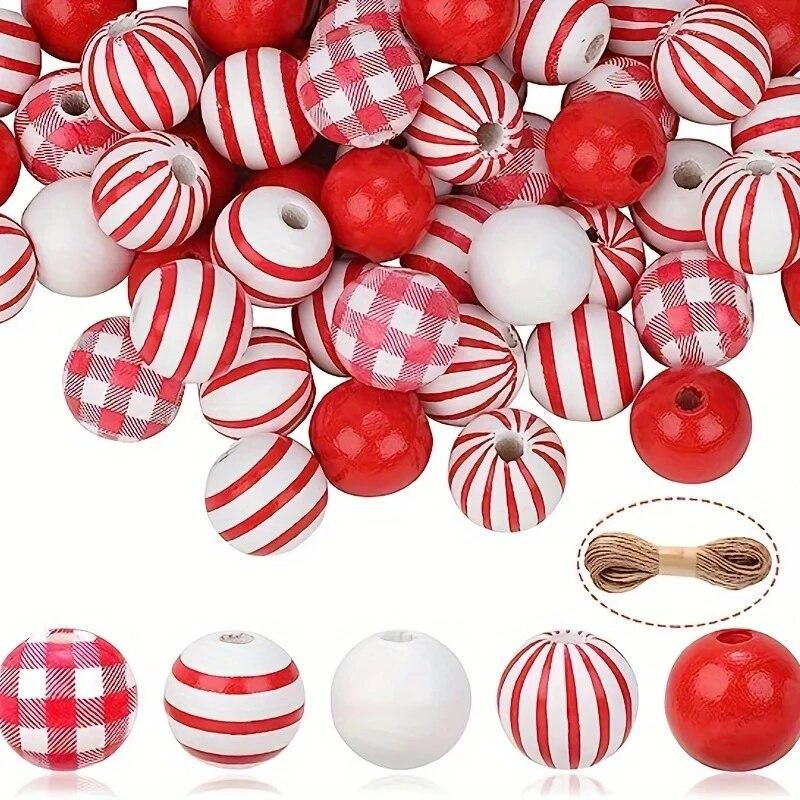 50pcs Red And White Striped Round Wooden Loose Beads, 16mm Polished Spacer Beads With Hemp Rope For Valentine's Day, Holiday