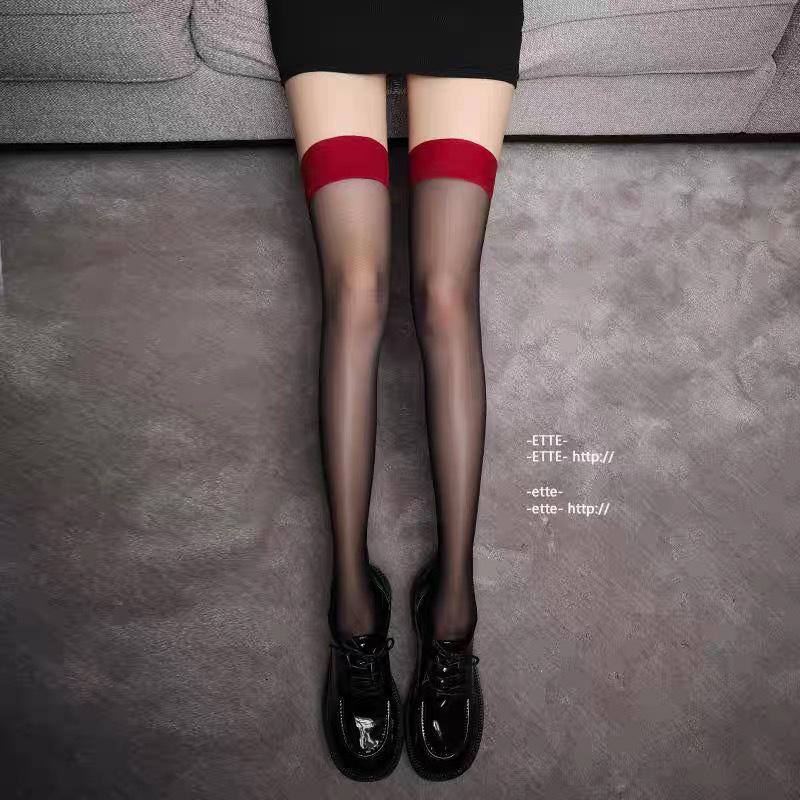 Damen Schwarze Overknee-Strümpfe mit rotem Besatz - Rutschfest, Transparente 0D Seide