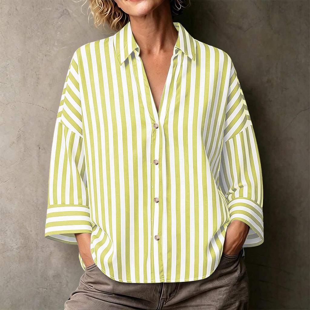 Women's Striped Lapel Button Down Long Sleeve Blouse Loose Fit for Work