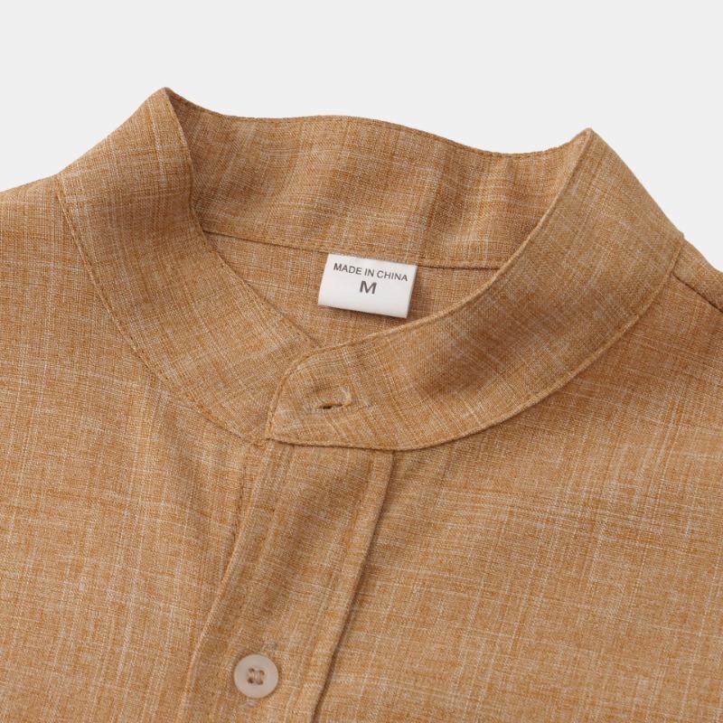 Men Stand Collar Half Placket Chest Pocket Short Sleeve Cotton Linen Shirt Solid Loose Breathable Casual Summer Blouse