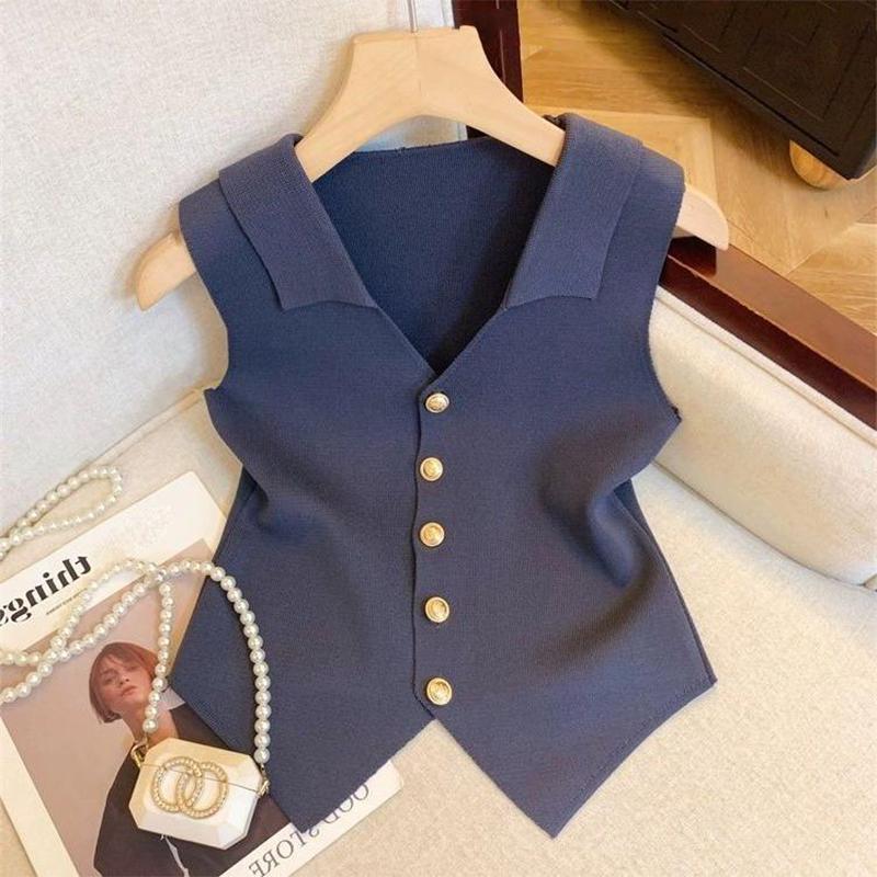 French Temperament V-Neck Single Breasted Sleeveless Slim Knitted Vest For Women