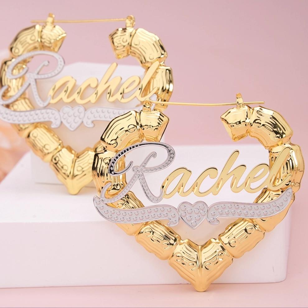Qiuhan OEM/ODM Personalized Custom Name Letter Two Tone Heart Shape Big Hoop Earrings 50mm&Earrings