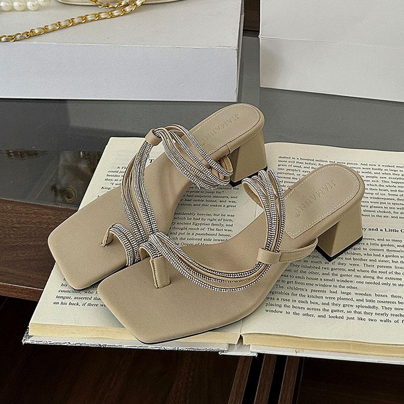 Fashion Luxury Fashion Rhinestones Ladies Square Heels Pumps Shoes Female Slip On Footwear Women Heels Pumps Slides Shoes Sandals