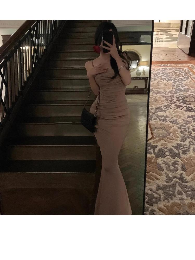Women Elegant Sexy Bodycon Mermaid Dress Summer New Fashion Strap Evening Party Runway Robe Korean Female Solid Long Vestidos