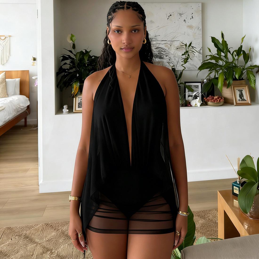 European & American Style Women s Spring 2026 Deep V Halter Mesh Backless Bodycon Dress S чёрный