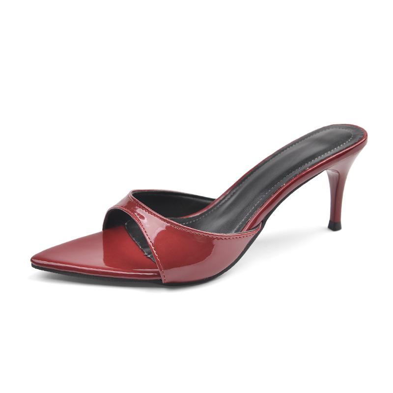 Fashion Patent Leather Sandals and Slippers Women's Fashion and Versatile Summer New Pointed Toe Stipple Heel Outward Wear High Heels