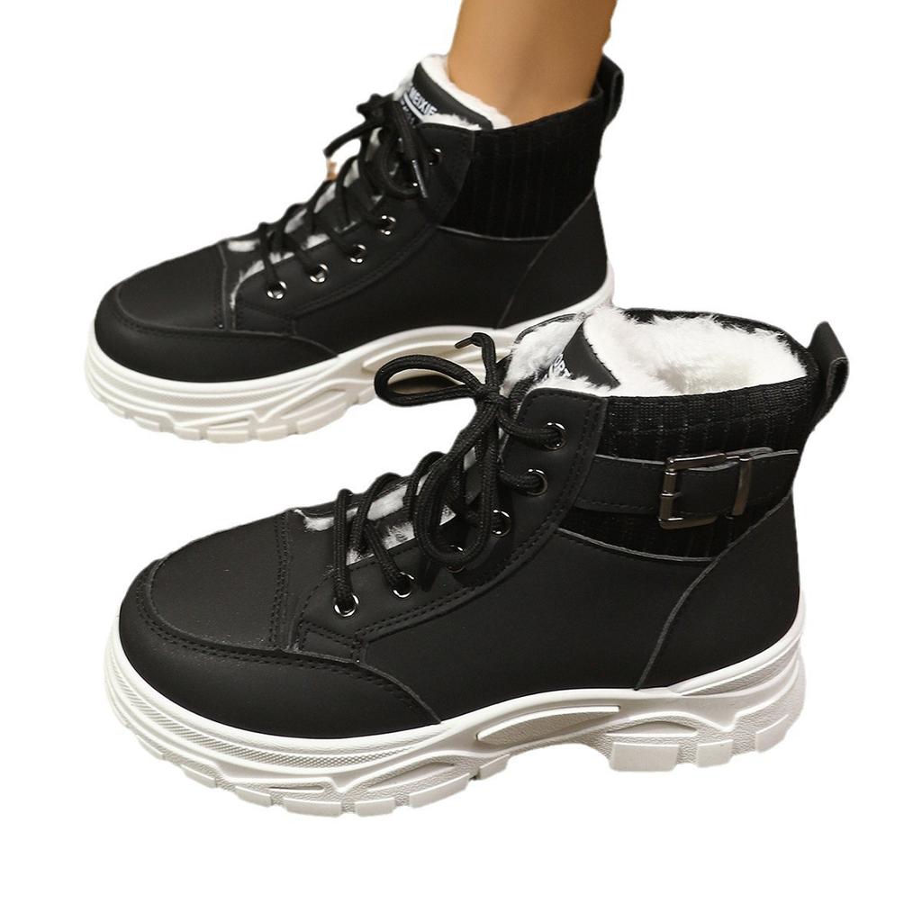 Im Winter 2025 die neuen Samt-verdickten High-Top-Damenstiefel, europäische und amerikanische Übergrößen-Samt-Warm-Baumwollschuhe und Plateaustiefel.