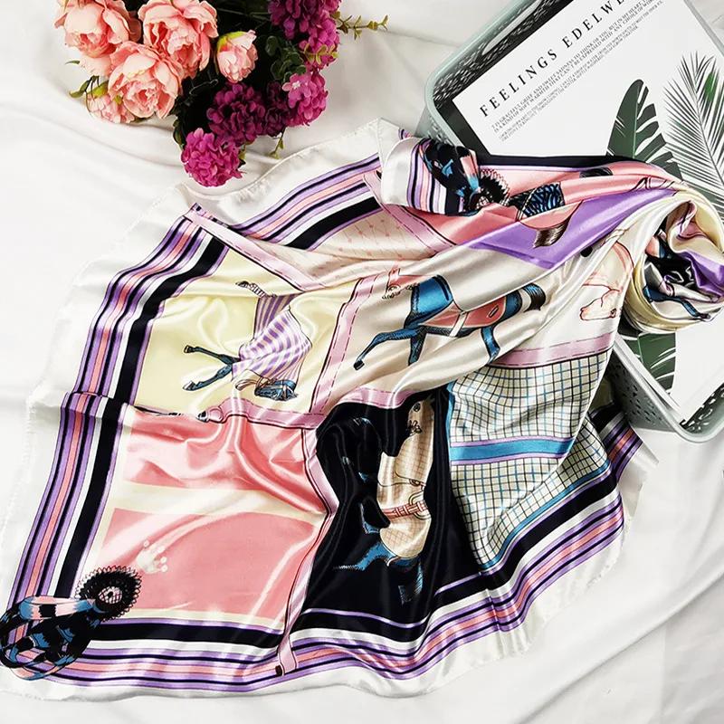 90cm Neckerchief Silk Satin Women Hijab Scaves Fashion Floral Print Headband Neck Scarfs Female Square Shawls Scarfs For Ladies