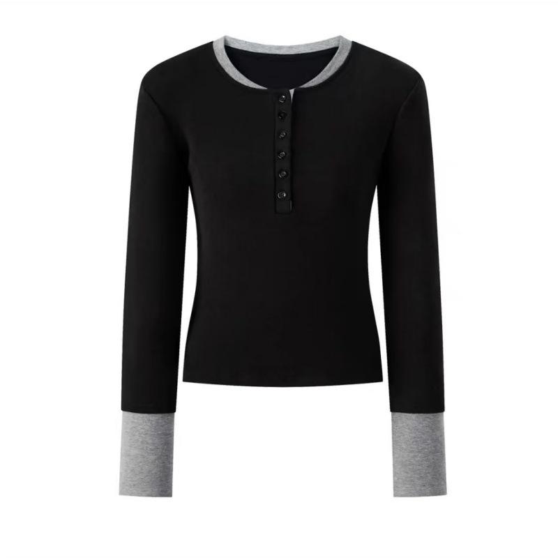 

Women s Autumn Color-Block Patchwork Long-Sleeve Two-Piece Look Slim Fit Top L (weight 105-115 kg) чёрный