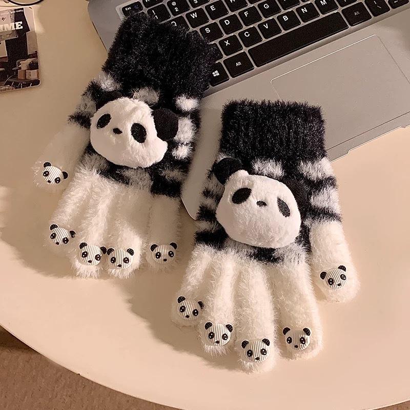 Mignons Gants Tricotés à Cinq Doigts en Peluche Panda Roux pour Femmes en Hiver avec Écran Tactile pour Étudiantes Conduisant des Véhicules Électriques Pour Garder au Chaud et Épaissis