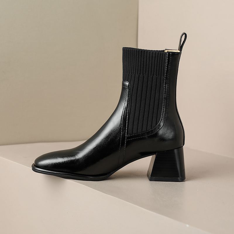 Krazing Pot Cow Skin Autumn Winter Shoes Thick Med Heels Size 43 Western Boots Slip on Stretch Knitwear Ankle Boots