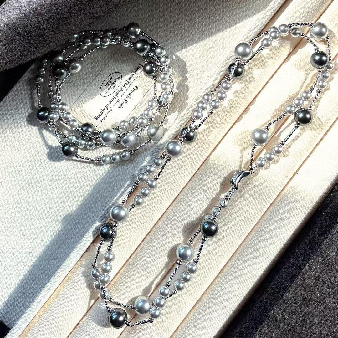 

Vintage High Quality Faux Crystal Pearl Gradual Change Size Sweater Chain Necklace Collarbone Chain